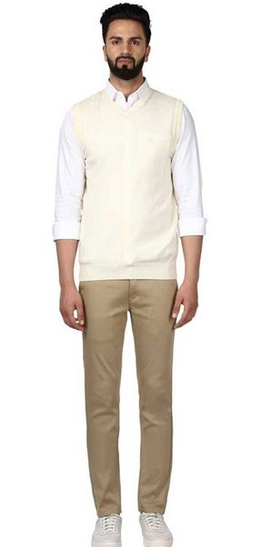 Solid V-neck Casual Men White Sweater